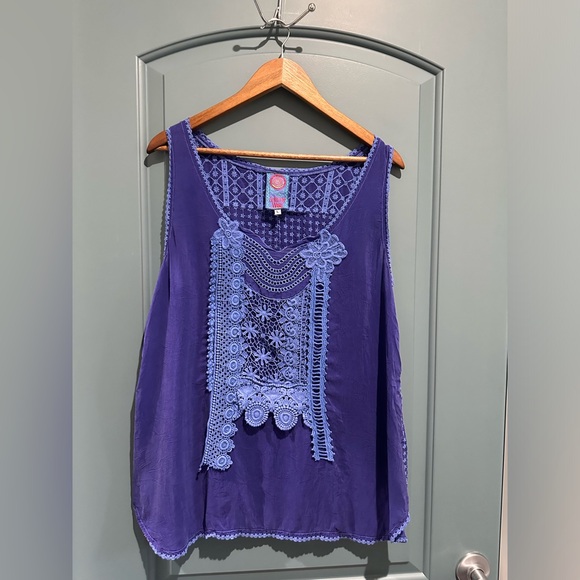 Johnny Was Tops - $350 Johnny Was Boho Embroidered Sleeveless Eyelet Blouse in Blue Sz L